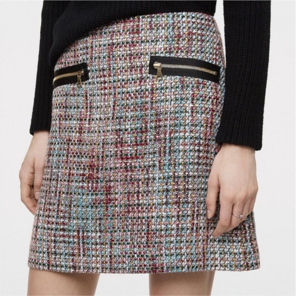 LOFT Multicolor Tweed Mini Skirt with Gold Zippers